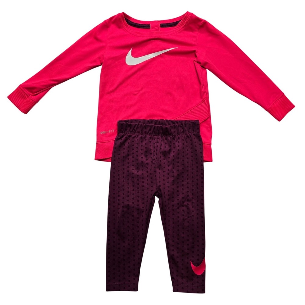 Nike Dri-FIT 2-Piece Set Long Sleeve Top Polka Dot Leggings Pink Purple Baby 12M
